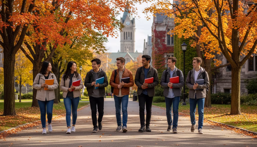 Students walking together along a Canadian campus path