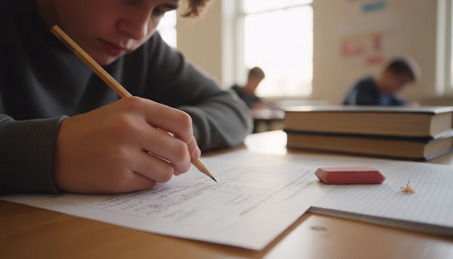 Student writing equations on a contest answer sheet