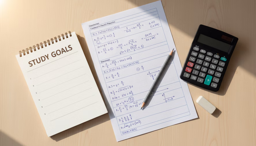 Completed contest practice beside a notebook of study goals