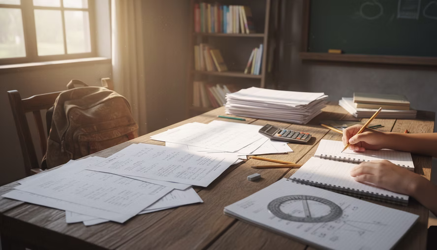 Study table with math practice sheets and notebooks