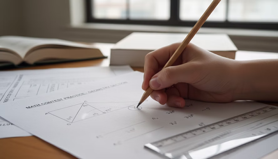 Pencil marking a geometry diagram on a practice sheet