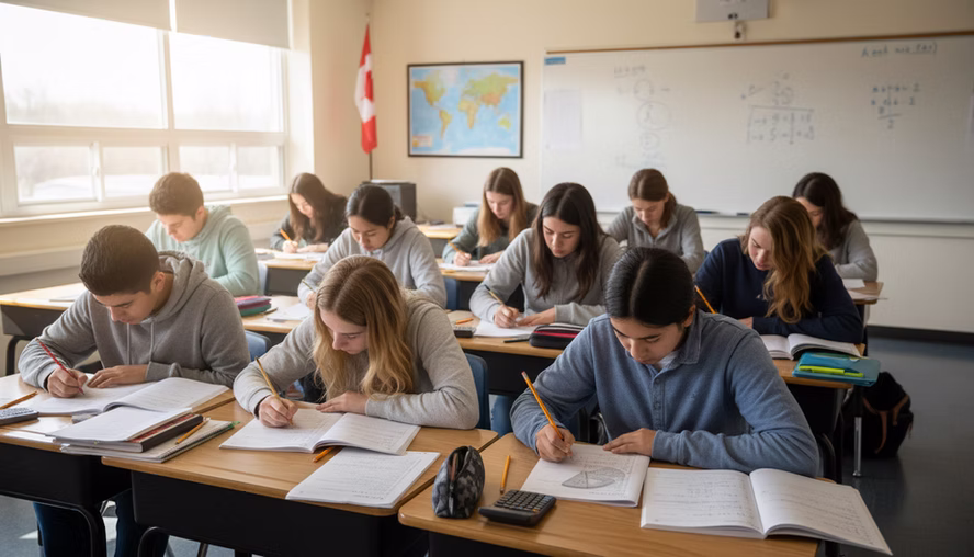 Students working quietly on math contest problems in a classroom