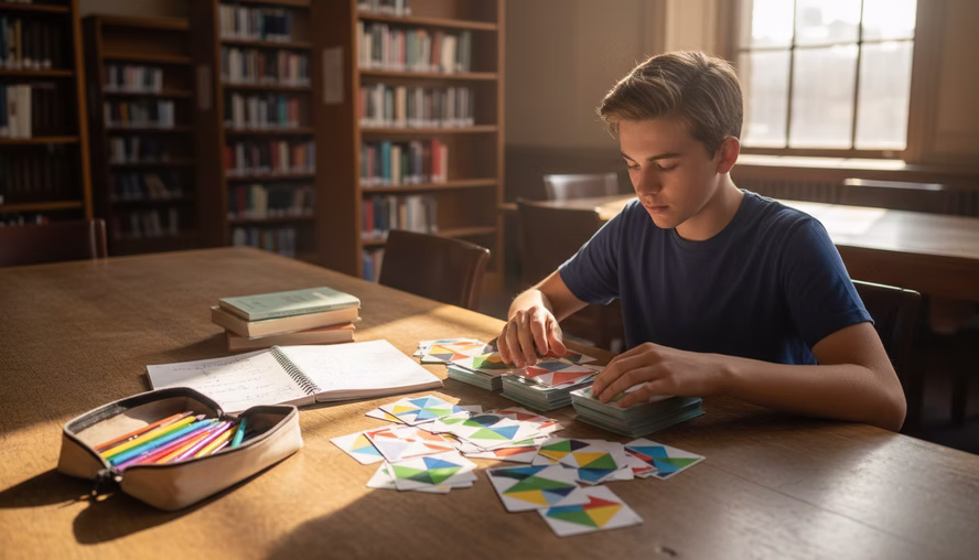 Student sorting problem-solving cards at a library table