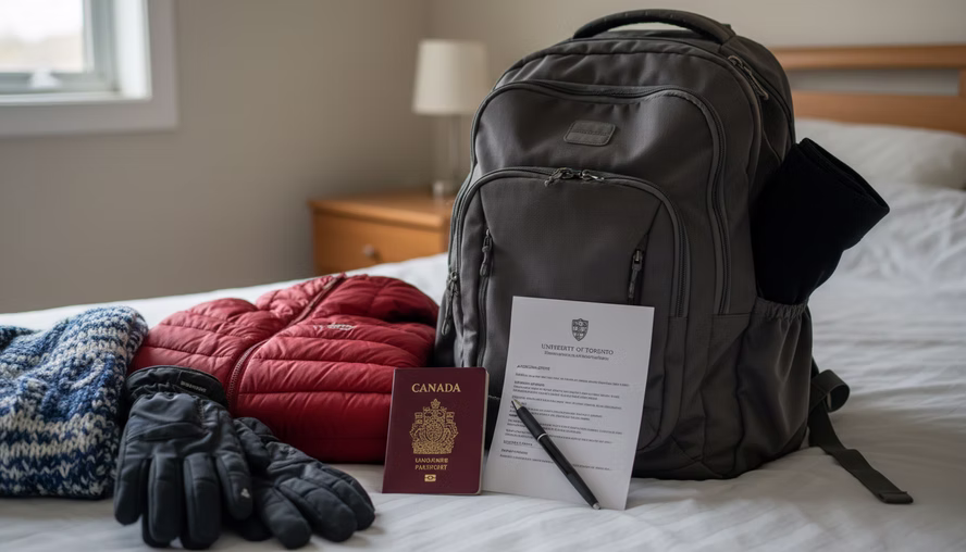 Passport and university offer letter on a travel backpack