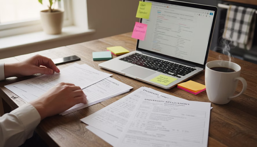 Student organizing university application papers beside a laptop