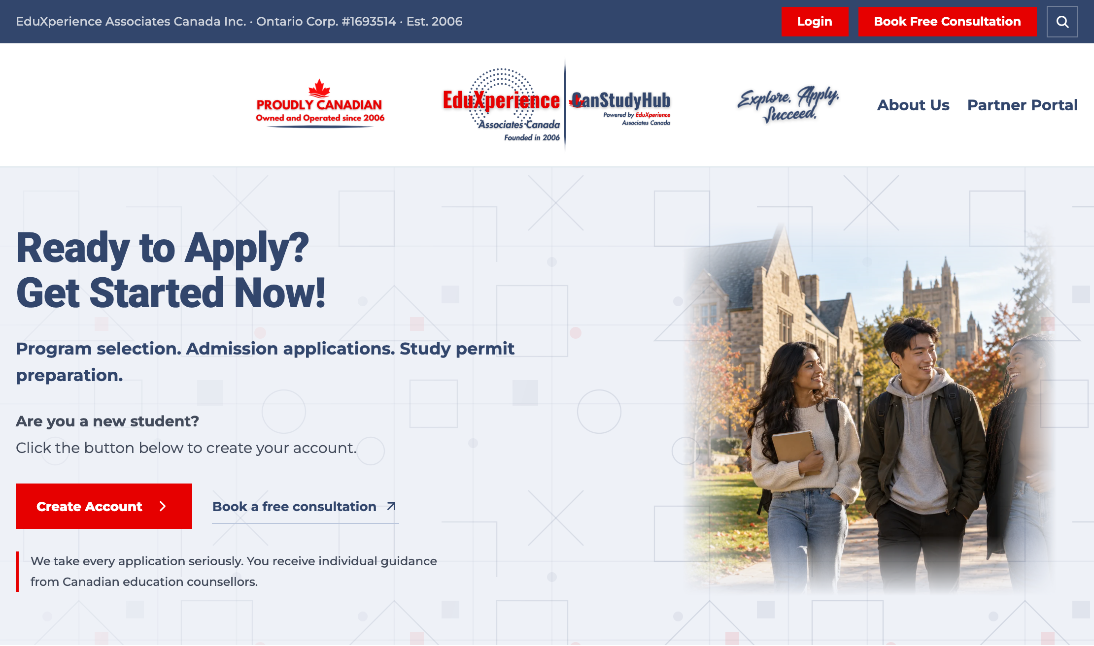 Apply.CanStudyHub.com website showing its navigation, EduXperience and CanStudyHub branding, Create Account button, consultation options, and Canadian campus imagery